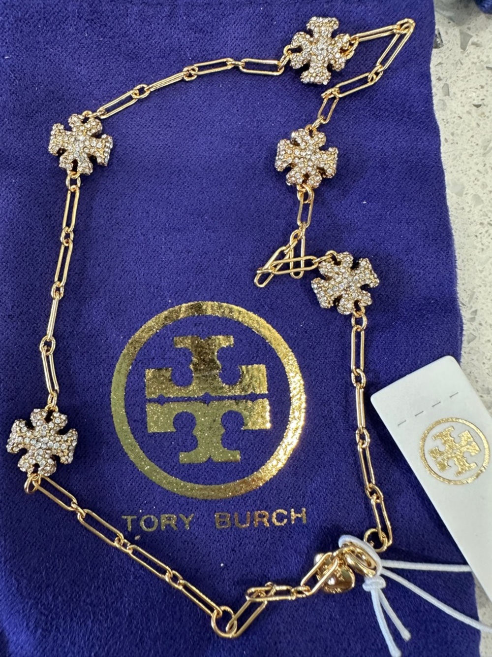 Tory Burch Gold Crystal Logo Choker Necklace 13” inches Length